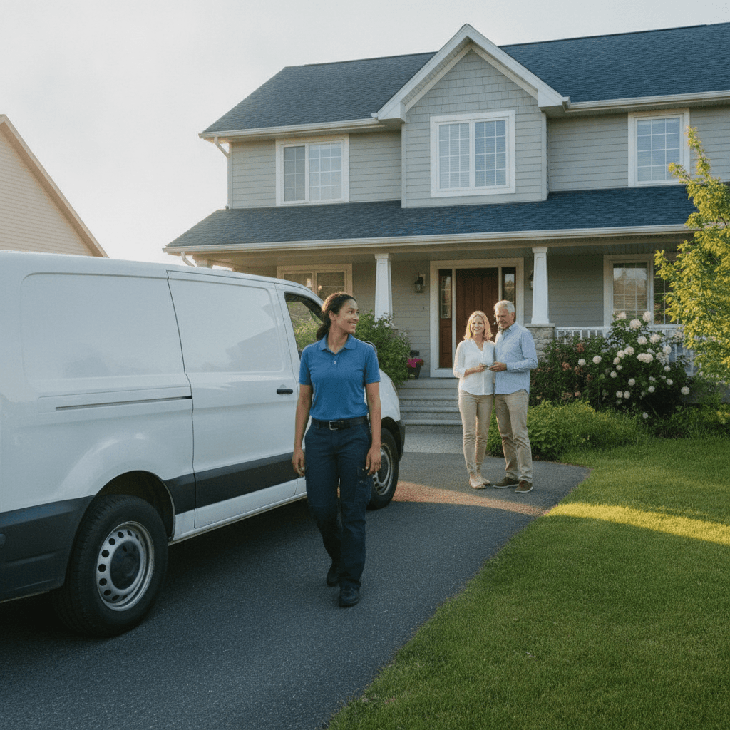 Roofing service van on the road